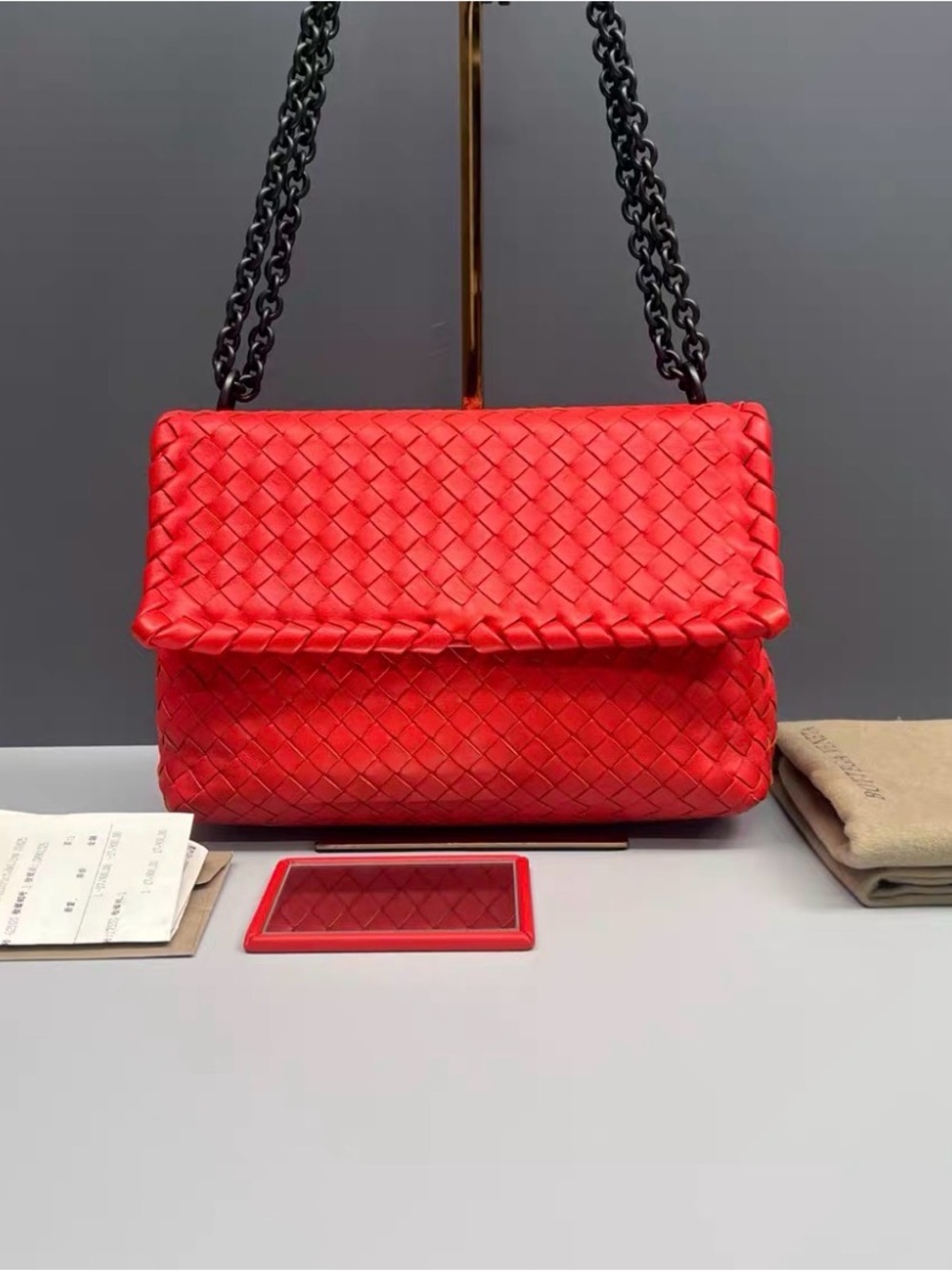Bottega Veneta Red Intrecciato Leather Shoulder Bag with Black Chain